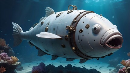 A blobfish drifting peacefully beside a rusted shipwreck deep underwater