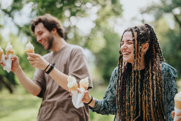 Fototapeta premium Two friends laughing and having fun together as they enjoy ice cream outside in a sunny park.