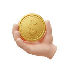Gold coin held in hand financial concept business investment monetary value digital art cartoon style transparent background commercial use