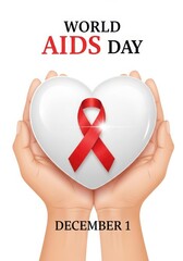 World aids day awareness poster with heart and red ribbon isolated on white background