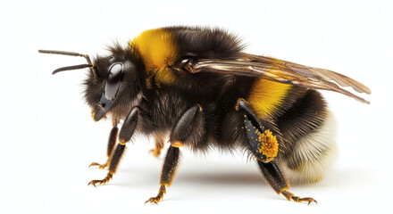Close up view of a bumblebee with yellow and black stripes on white