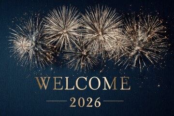Elegant Welcome 2026 greeting card with gold and silver fireworks on midnight blue background