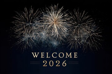 Elegant Welcome 2026 greeting card with gold and silver fireworks on midnight blue background