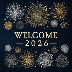 Elegant Welcome 2026 greeting card with gold and silver fireworks on midnight blue background