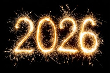 2026 written in gold sparkler fireworks on black background for New Year celebration banner
