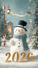 Golden 2026 with cheerful snowman and falling snow in festive winter landscape
