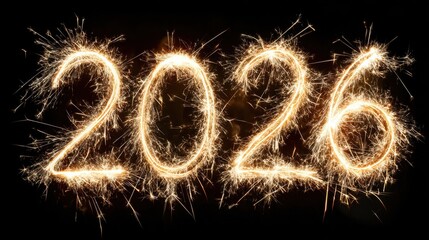 2026 written in gold sparkler fireworks on black background for New Year celebration banner