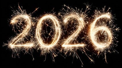 2026 written in gold sparkler fireworks on black background for New Year celebration banner