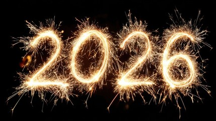 2026 written in gold sparkler fireworks on black background for New Year celebration banner
