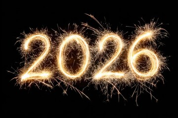 2026 written in gold sparkler fireworks on black background for New Year celebration banner