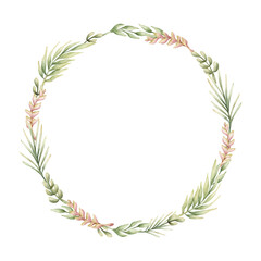 Palm Leaf Branches Heliconia Little twigs Tropical Exotic plants wreath. Watercolor hand painted summer pastel neutral isolated illustration on white background for nursery kids baby card logo label