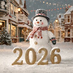 Golden 2026 with cheerful snowman and falling snow in festive winter landscape