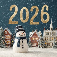 Golden 2026 with cheerful snowman and falling snow in festive winter landscape