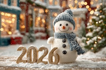 Golden 2026 with cheerful snowman and falling snow in festive winter landscape