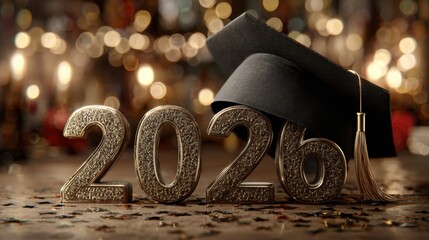Class of 2026 with graduation cap on number 6 and bokeh lights in celebratory background