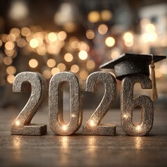 Class of 2026 with graduation cap on number 6 and bokeh lights in celebratory background