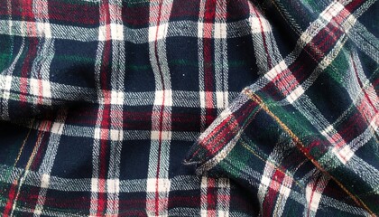 Wrinkled, folded flannel cloth in plaid design, with shades of blue, white, red, and green
