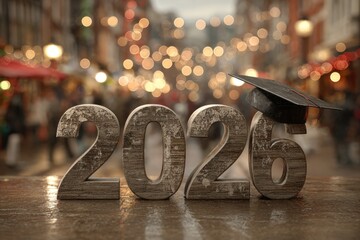 Class of 2026 with graduation cap on number 6 and bokeh lights in celebratory background