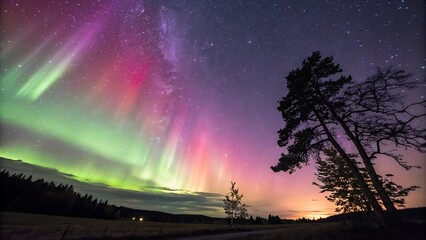 Colorful Aurora Borealis Streaks Across Starry Night Sky with Silhouetted Trees and Distant Lights northern lights