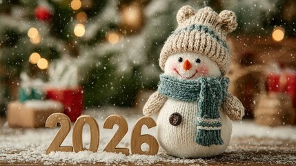 Golden 2026 with cheerful snowman and falling snow in festive winter landscape