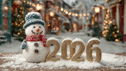 Golden 2026 with cheerful snowman and falling snow in festive winter landscape
