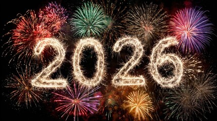 Vibrant fireworks bursting behind glowing 2026 numbers for New Year celebration