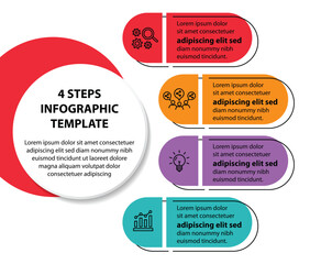 4 steps infographic template with 4 options. Flowchart that can be used for business report, data visualization and presentation. Timeline infographic elements vector illustration.