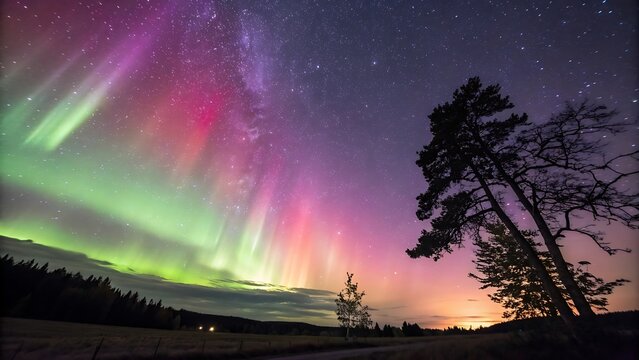Colorful Aurora Borealis Streaks Across Starry Night Sky with Silhouetted Trees and Distant Lights northern lights