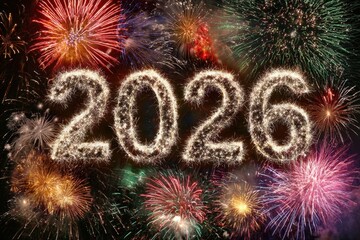 Vibrant fireworks bursting behind glowing 2026 numbers for New Year celebration