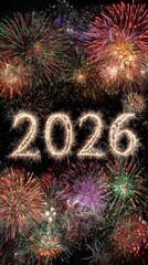 Vibrant fireworks bursting behind glowing 2026 numbers for New Year celebration