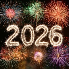 Vibrant fireworks bursting behind glowing 2026 numbers for New Year celebration