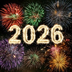 Vibrant fireworks bursting behind glowing 2026 numbers for New Year celebration