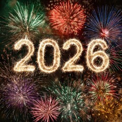 Vibrant fireworks bursting behind glowing 2026 numbers for New Year celebration