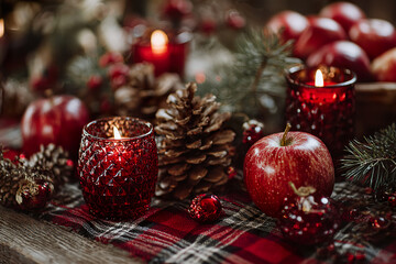 . A rustic wooden table setting with burgundy napkins and a pinecone centerpiece, glowing warmly. lifestyle magazines, social media lookbooks, designed for influencer and brand collaborations.