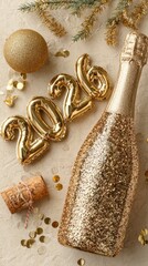 Golden 2026 numbers with champagne and confetti for New Year celebration