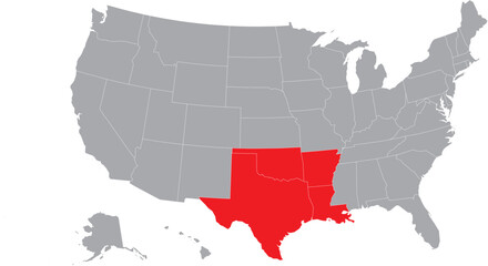 West South Central States Highlighted on the USA Map