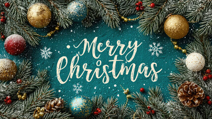 Festive evergreen wreath with red berries and colorful ornaments on turquoise background, Merry Christmas calligraphy and falling snowflakes creating a joyful holiday scene