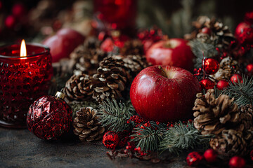 . A rustic wooden table setting with burgundy napkins and a pinecone centerpiece, glowing warmly. lifestyle magazines, social media lookbooks, designed for influencer and brand collaborations.