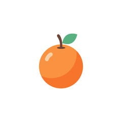 A simple, stylized illustration of a bright orange fruit with a green leaf and a brown stem on a white background.