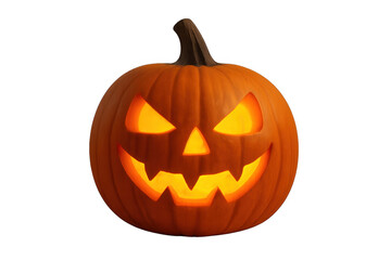 Carved halloween jack-o'-lantern glowing on transparent background
