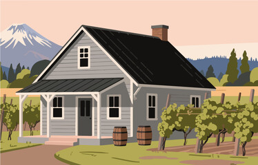 American style rural residential architecture and scenery, vector graphics