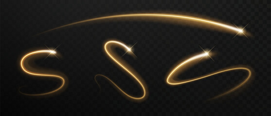 Obraz na płótnie Canvas Golden shooting star trail. Sparkling magic dust swirl with flare glow realistic vector effect