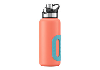 Isolated refillable orange-colored reusable water bottle with a blue handle for drinking water