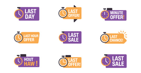 Limited-time offer label set — vector stopwatch icons with urgent text for last chance, final sale, and countdown marketing promotions