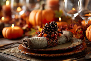 . A rustic wooden table setting with burgundy napkins and a pinecone centerpiece, glowing warmly. lifestyle magazines, social media lookbooks, designed for influencer and brand collaborations.