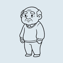 A cheerful elderly man with a friendly expression, wearing a sweater and standing with hands in pockets against a light .