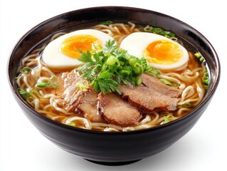 The soup bowl contains delicious creamy chicken ramen noodles and an egg