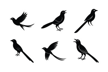 Set of different linocut styles of black drongo