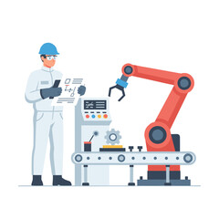 An Asian male technician wearing sterile coveralls uses virtual reality headsets in a semiconductor fabrication plant