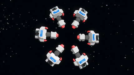 A group of futuristic robots spins in a zero-gravity environment, showcasing innovation and collaboration within space exploration.